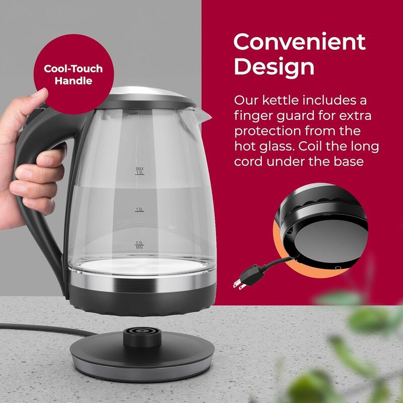 MuellerLiving Electric Glass Kettle 1.5L 1500W LED Light, Automatic Shut-Off with SpeedBoil Tech and Boil-Dry Protection - 1.5 L