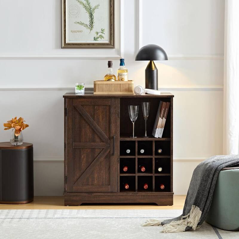 Roomfitters Farmhouse Coffee Bar Cabinet Bar Cabinet with Wine Rack Barn Door Buffet Sideboard Cabinet with Drawer - 	Espresso