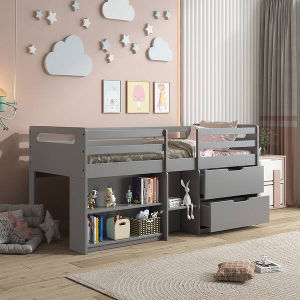 slide 2 of 8, Twin Solid Wood Loft Bed with Storage & Fence Gray