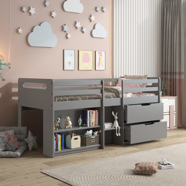 slide 2 of 8, Wooden Twin Size Low Loft Bed with Storage, Loft Platform Bed Frame for Kids, Solid Wood Slat Support, No Box Spring Needed Gray - Twin