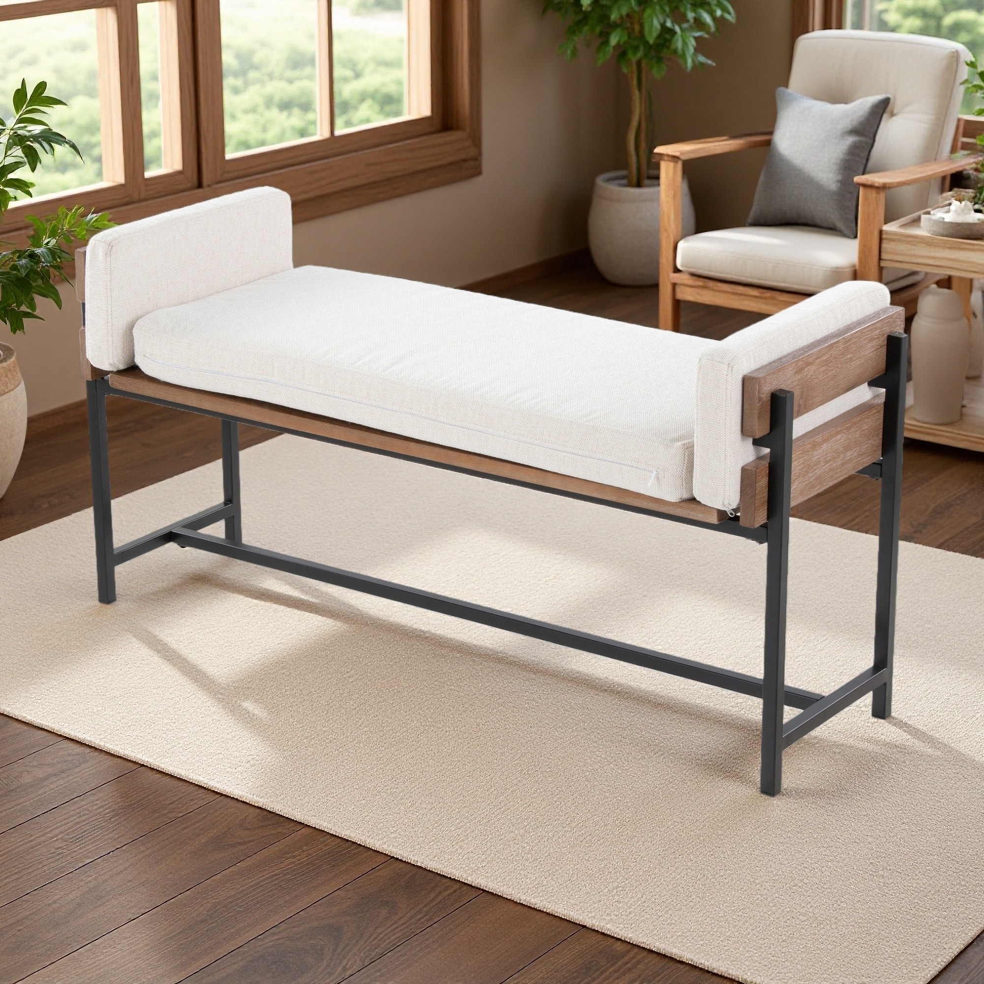 45.25"L Farmhouse Bench with Metal Frame and Padded Seat