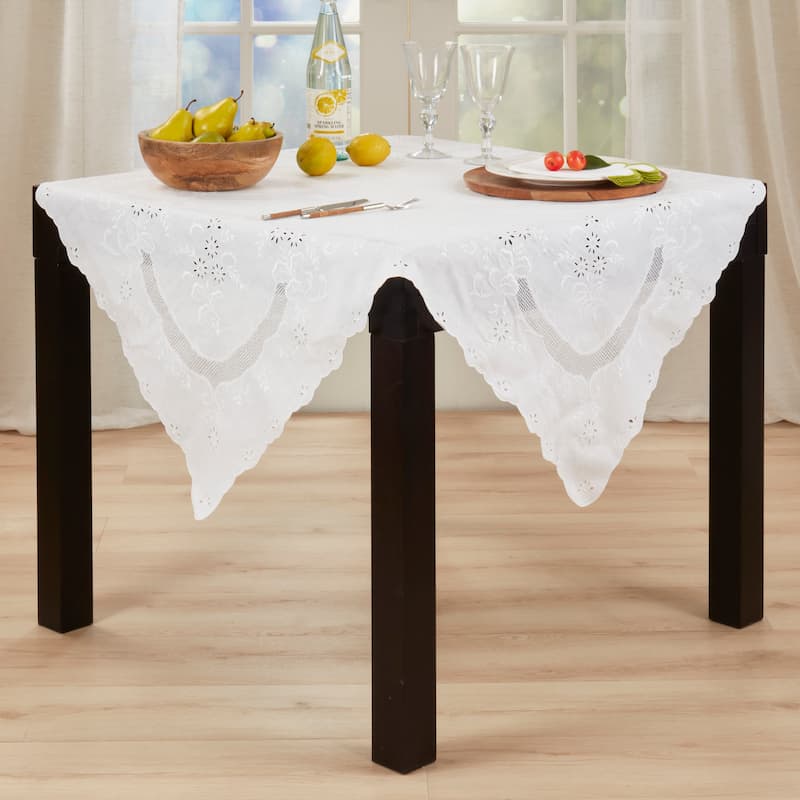Linen Cutwork Lace Tablecloth - Decorative Non-Reversible Unlined Tablecloth with Scalloped Edges - 54"