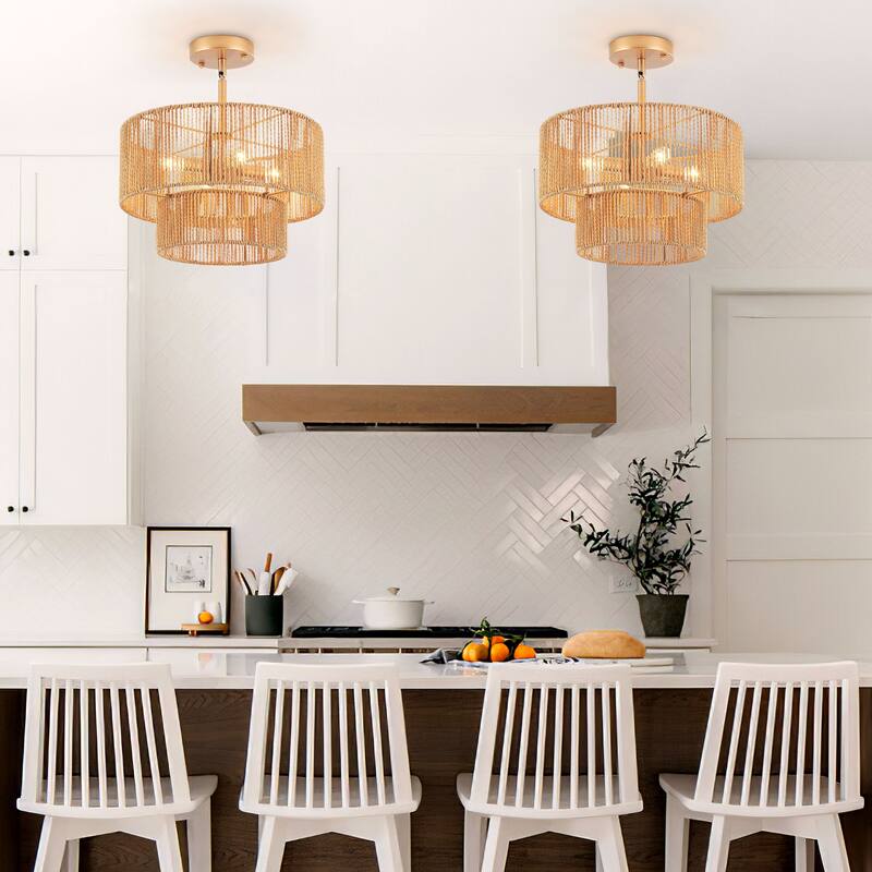 Starsky 4-Light 2-Tier Rattan Semi Flush Mount Ceiling Light