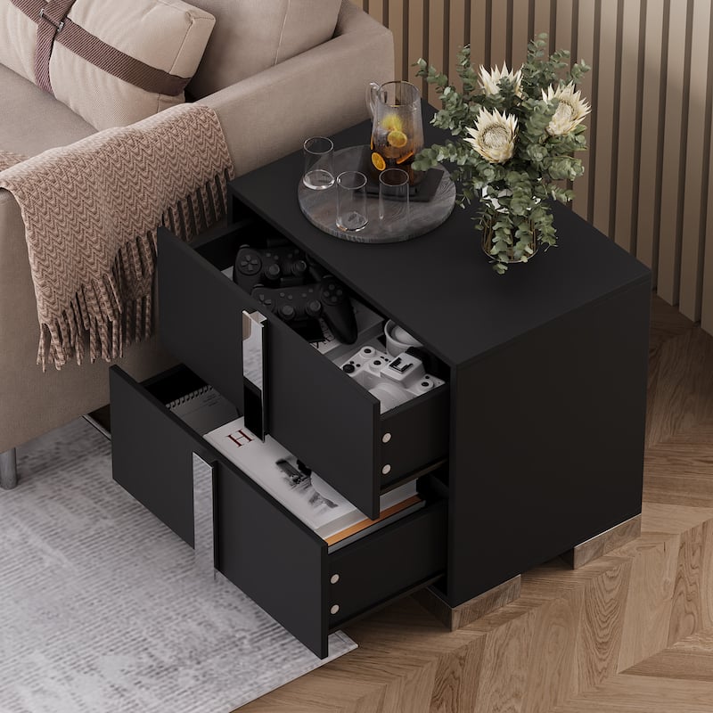 Modern End Table with Drawers, Elegant Nightstand with Metal Foot,Wood Bedside Table with Mirrored Metal Handles