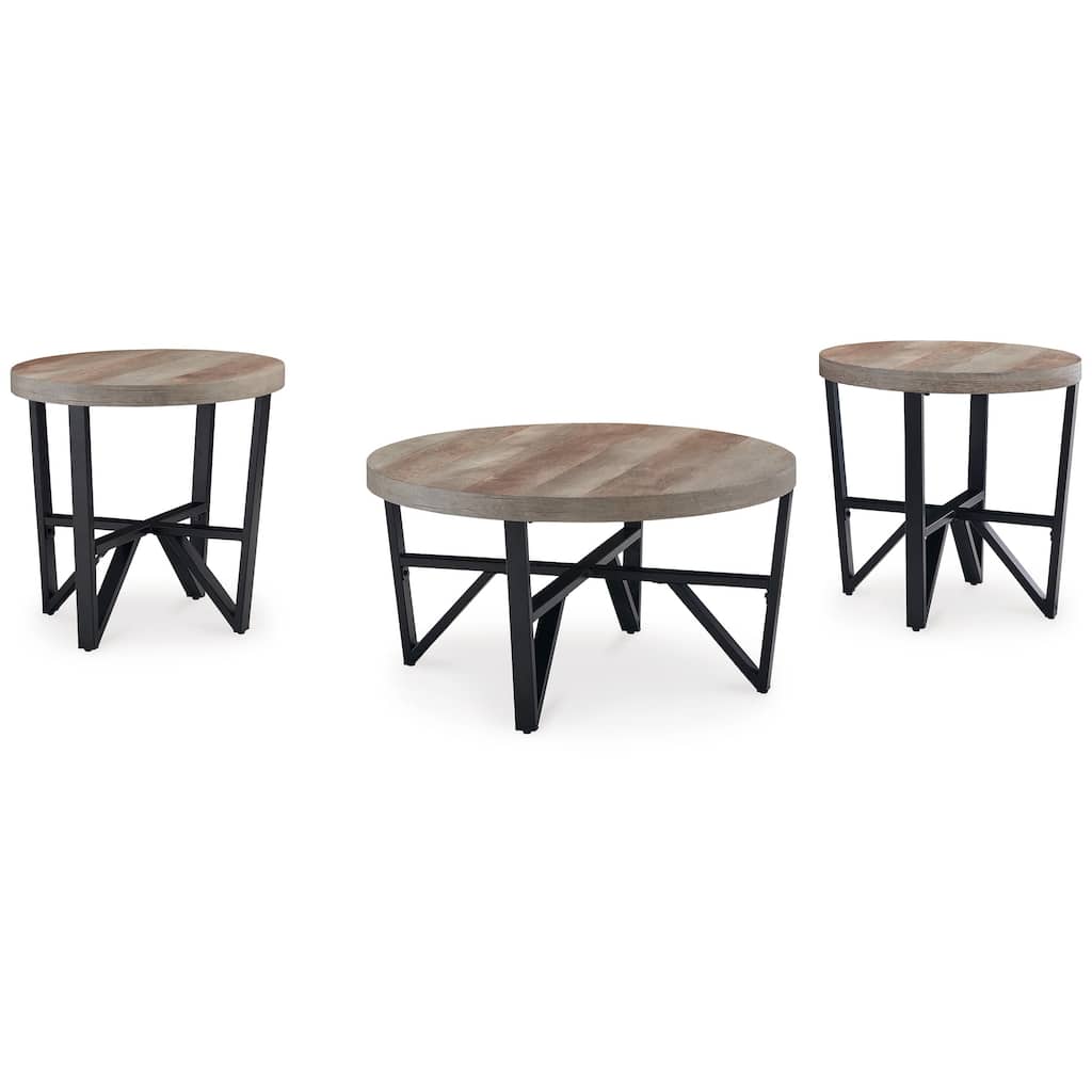Hya 3pc Coffee and End Table Set, Brown Wood Round Top, Black Angular