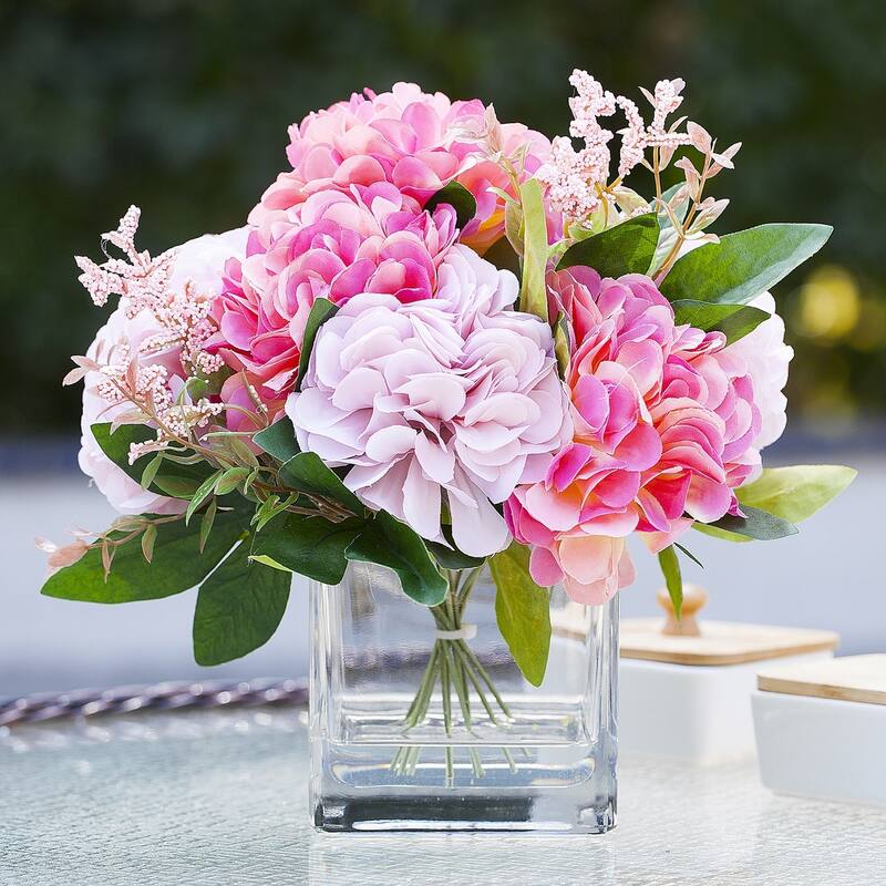 Enova Home Artificial Silk Dahlia Fake Flowers Arrangement in Clear Glass Vase with Faux Water for Home Wedding Decoration - N/A