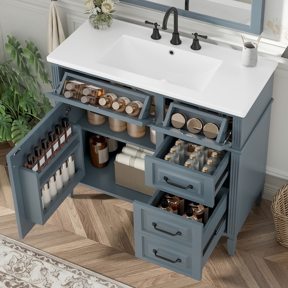 36-Inch Bathroom Vanity with Ceramic Sink Top, Solid Wood Frame and MDF Cabinet,with Adjustable Shelf and Metal Handles