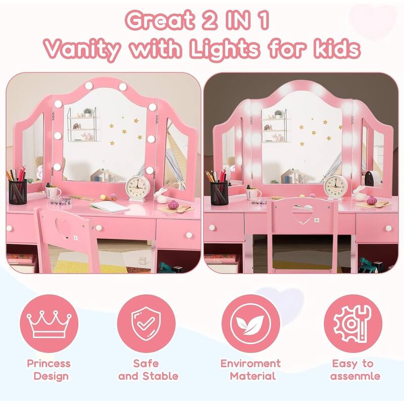 Kids Vanity Set, 2-in-1 Princess Makeup Table with Tri-Folding Mirror & Drawer