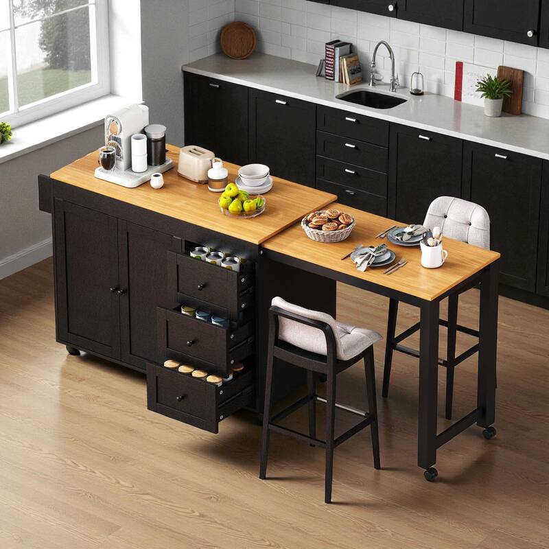 Kitchen Island with Extendable Dining Table, Power Outlet, Rolling Storage Cart with 3 Drawers, 2-Door Cabinet, and Spice Rack