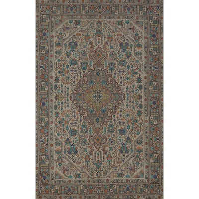 Geometric Beige Tabriz Persian Vintage Area Rug Handmade Wool Carpet - 6'5" x 9'2"