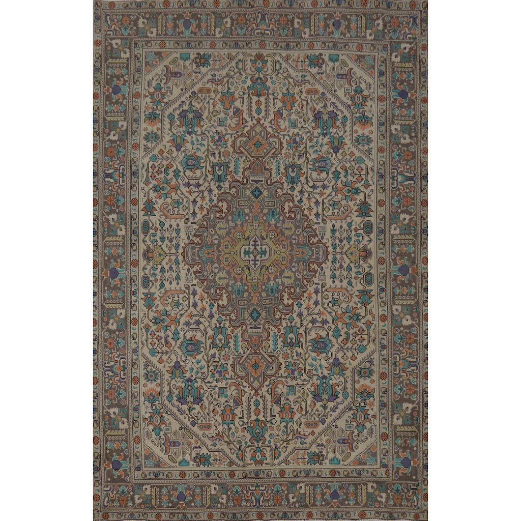 Geometric Beige Tabriz Persian Vintage Area Rug Handmade Wool Carpet - 6'5" x 9'2"