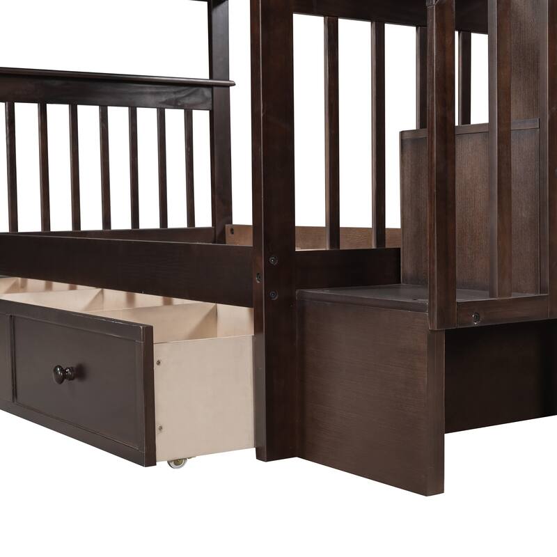 Stairway Twin Over Twin Bunk Beds w/3 Under Bed Drawers and Guard Rail