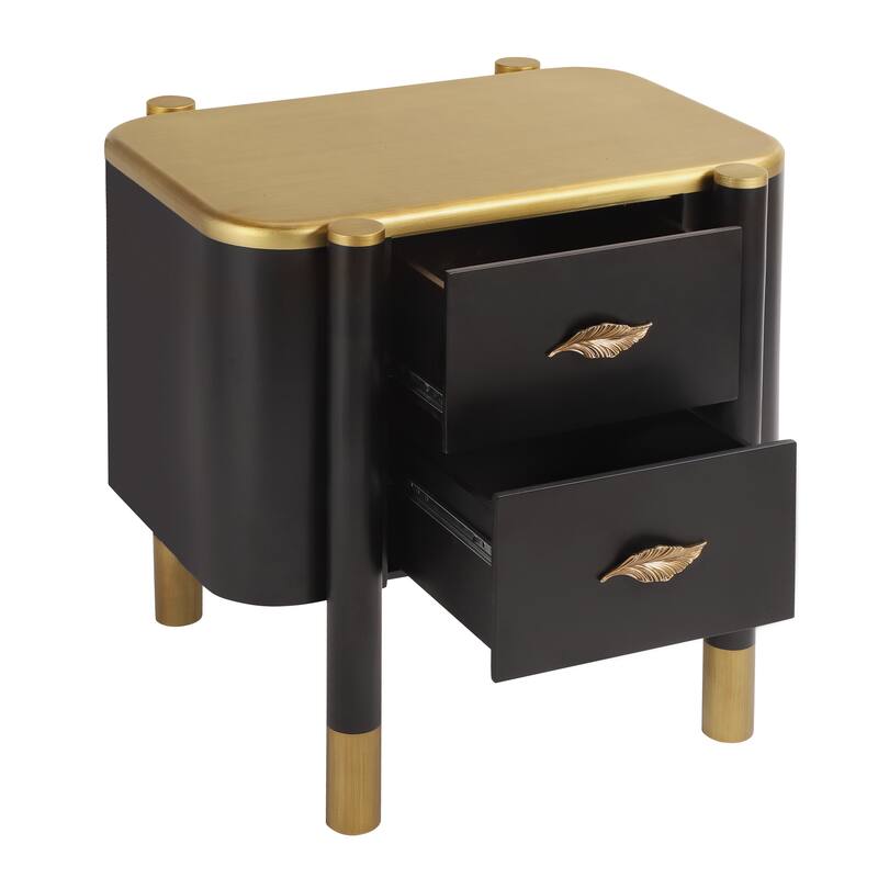 Modern 2 Drawers Nightstand Bedside Table with Metal Feather-Shaped Handles