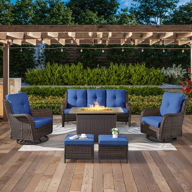 Gymojoy 6-Piece Outdoor Wicker Patio Furniture with Fire Pit Table, Rattan Coversation Set with Water Resistant Thick Cushions - Brown Wicker / Blue Cusion - 6-Piece