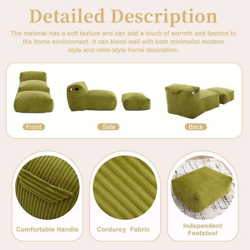 Large Memory Foam Bean Bag Chair for Adults, Corduroy Lounger Sofa with Ottoman
