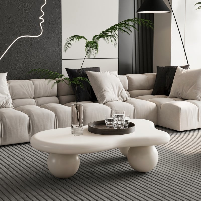 40 Inch Cloud Shaped Coffee Table with 3 Ball Legs for Living Room