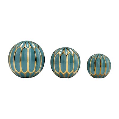 Sagebrook Home Ceramic Set Of 3 4/5/6" Orbs, Turquoise/Gold, Round, 6"H, Geometric - 6.0" x 6.0" x 6.0"