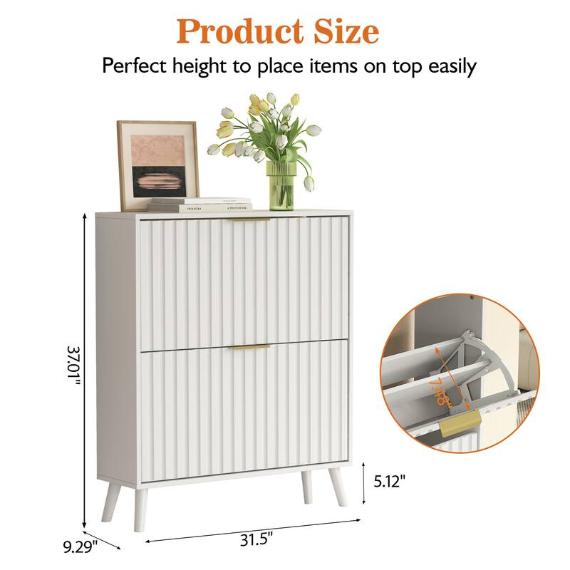 Tipping Bucket Narrow Shoe Cabinet, Multi-functional Shoe Rack Cabinet, Shoe Cabinet with Carved Doors & Solid Wood Legs