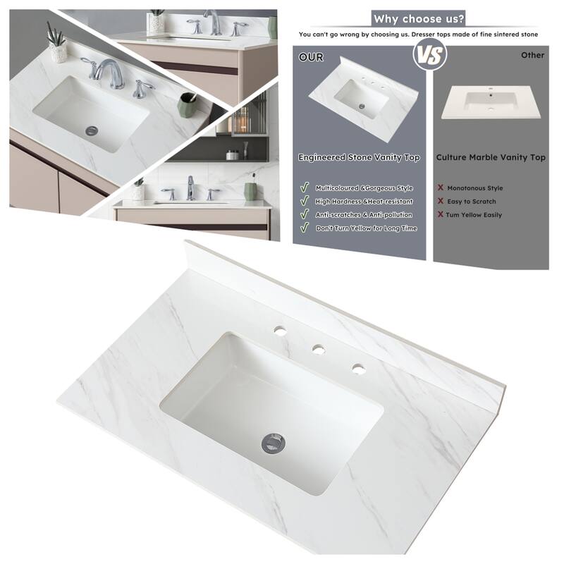 37" Marble Vanity Top with 3 Pre-drilled Faucet Holes, Undermount Sink