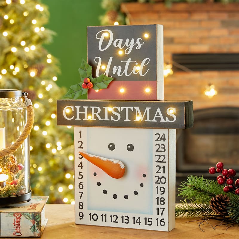 Glitzhome 15"H Wooden LED Christmas Snowman Advent Calendar Decor