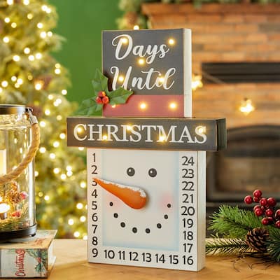 Glitzhome 15"H Wooden LED Christmas Snowman Advent Calendar Decor