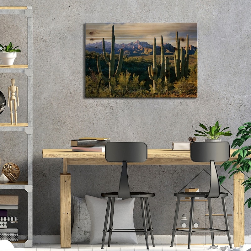 Saguaro Cacti And Santa Catalina Mountains, Arizona Print On Wood by Tim Fitzharris - Multi-Color