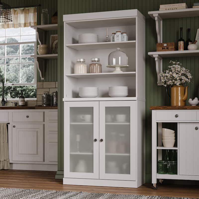 100% Solid Wood 32" Kitchen Pantry Cabinet with 2 Doors by Palace Imports - White - Frosted Glass