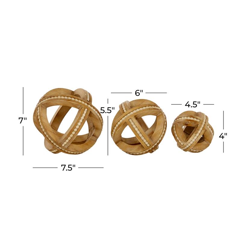 Light Brown Wood Handmade Beaded Geometric Decorative Sculpture (Set of 3)