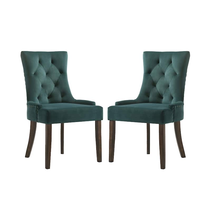 Set of 2 Velvet Upholstered Dining Chairs, Green and Weathered Oak - Green