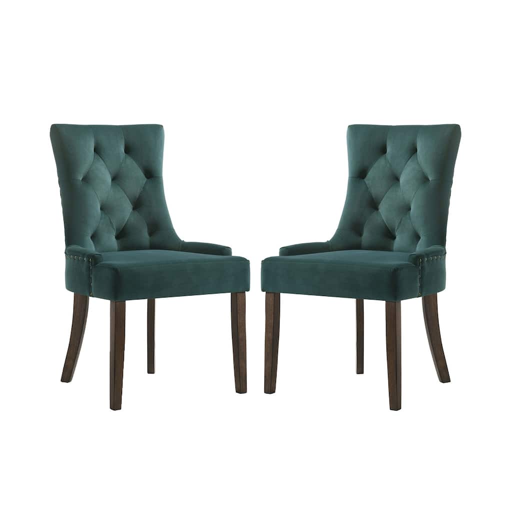 Set of 2 Velvet Upholstered Dining Chairs, Green and Weathered Oak