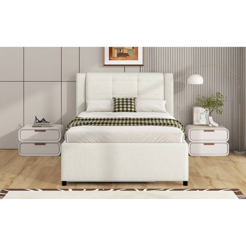 Full Size Upholstered Platform Bed with Adjustable Trundle, Beige