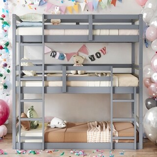 Rubber Wood Detachable Triple Twin Bunk Bed with Two Built-in Ladders,Guardrails,Kids and Baby