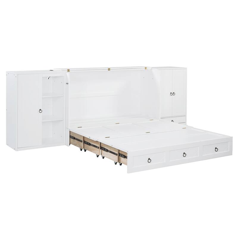 Queen Size Solid Wood Murphy Bed with Charging Station, Built-In Wardrobes, Drawers, and Foldable Cabinet Design