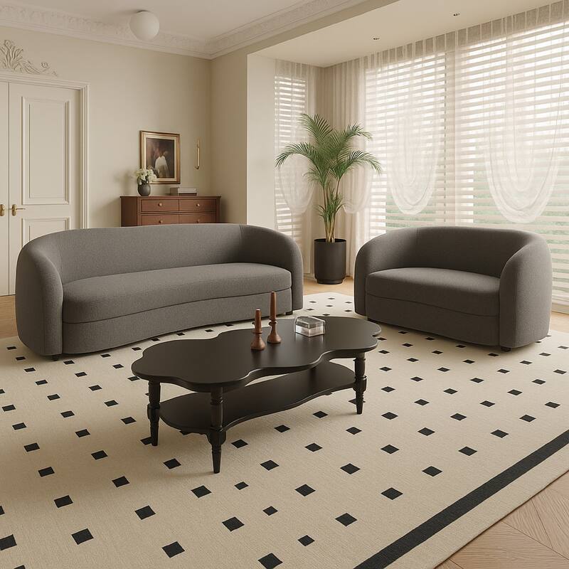 Srey 2pc Sofa and Loveseat Set, Gray Boucle, Curved Kidney Shape