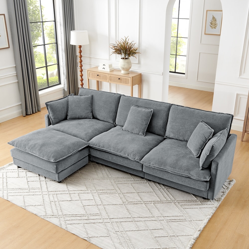 Upholstered Deep Seat Chaise Lounge Couches L-shaped Sectional Sofa Living Room Towel Fabric Sofa with Ottoman and Pillows