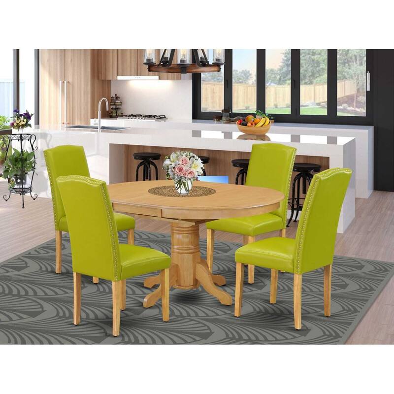 Oval Dining Table Set 5pc 42-60" Table w/ Butterfly Leaf & 4 Parsons Chairs - Autumn Green