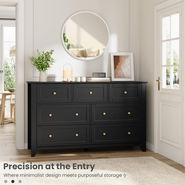 black dresser with white knobs Ambrosia Transitional 56-inch Wide 9-Drawer Fabric Tufted by Furniture of America Includes one (1) dresser PLENTY OF STORAGE Black White Dressers for Home
