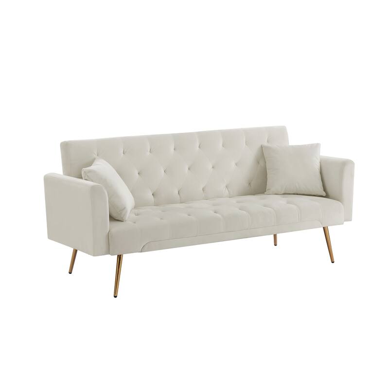 Velvet Futon Sofa Bed with Metal Legs & 2 Pillows