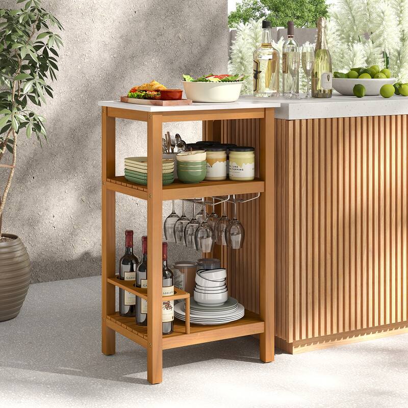 Natural Acacia Wood Resin Outdoor Buffet Cabinet with Faux Marble Top and Drawers - 20" x 16" x 36"