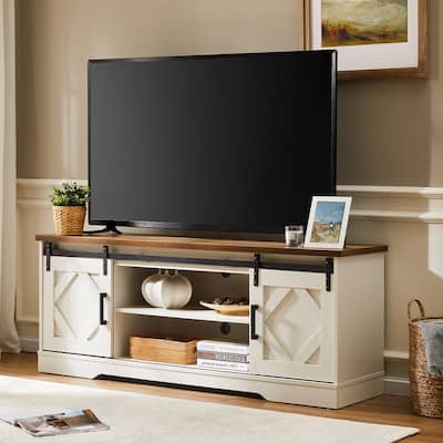 Farmhouse Sliding Barn Door TV Stand Rustic Gray for TVs up to 65"