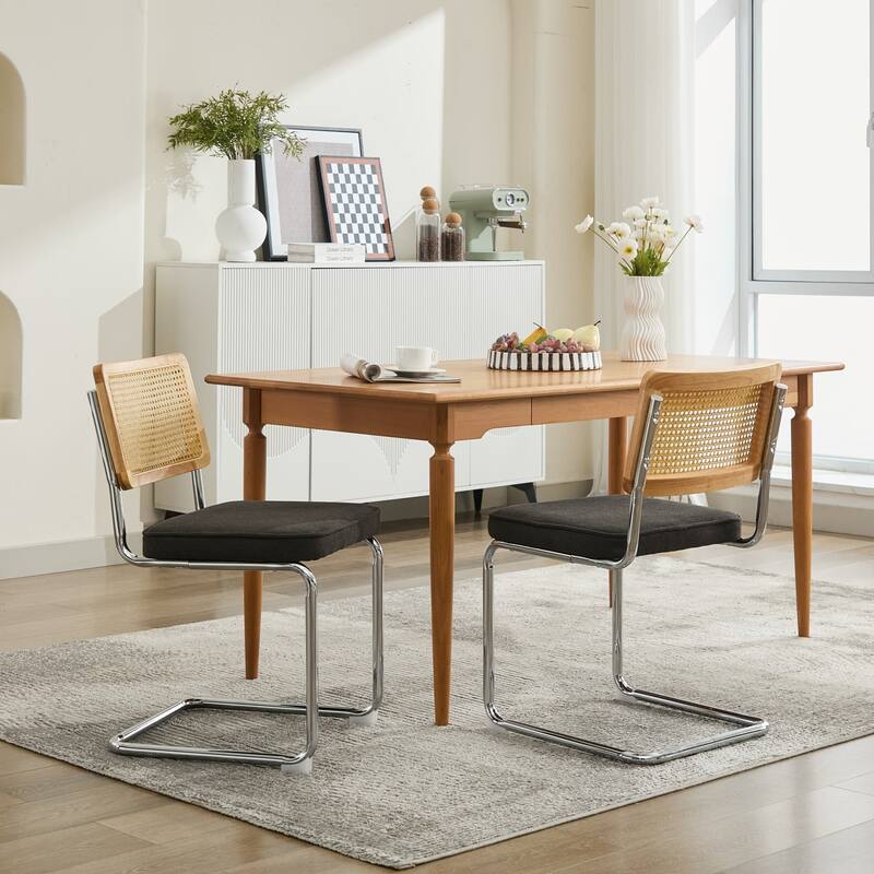 GDF Studio - Mid-Century Linen Dining Chairs with Natural Rattan Cane Back & Chrome Cantilever Base, Set of 2