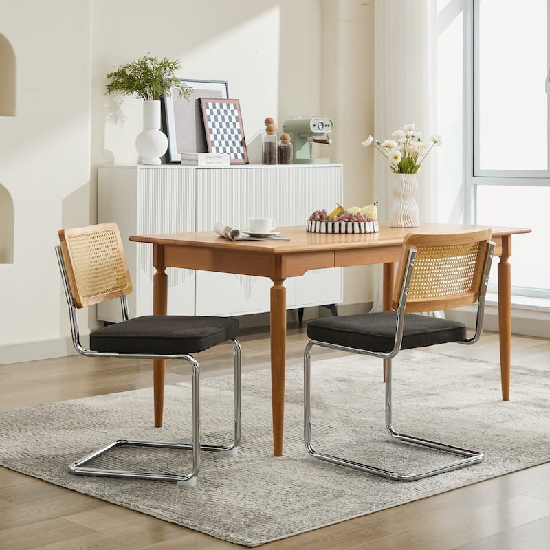 Modern Dining Chairs Set of 2, Velvet Accent Chairs with Natural Cane Back & Stainless Chrome Base, Upholstered Rattan Chairs