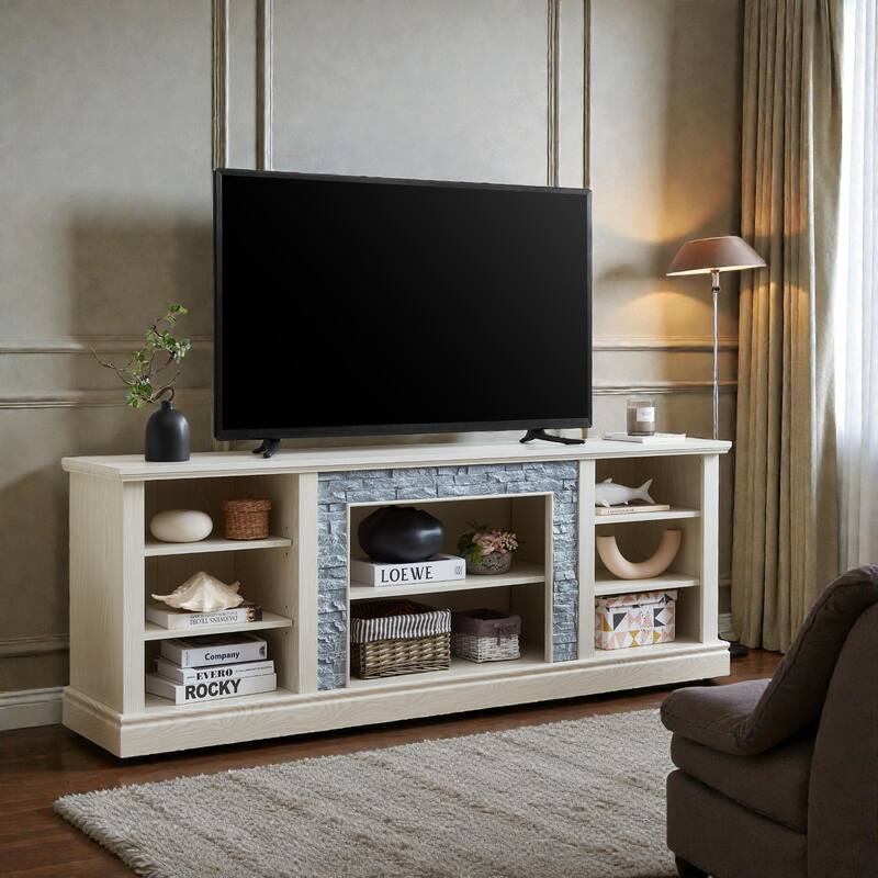 70 Inch TV Stand for TVs up to 75 Inch, Media Console with Faux Stacked Stone Surround, Storage Cabinet & Cable Management
