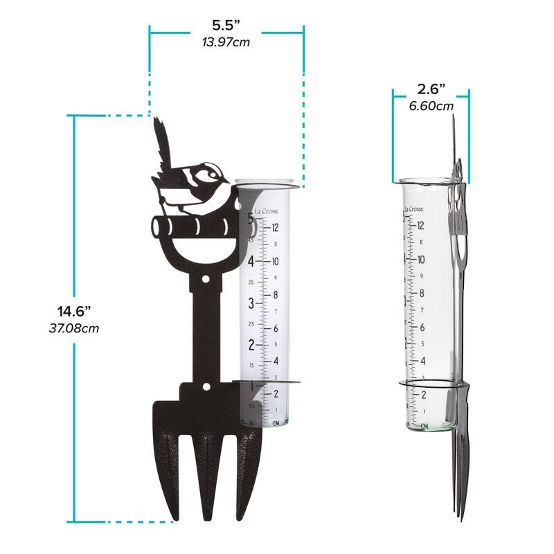 La Crosse Bird/Shovel Metal Rain Gauge with 5" Glass Tube