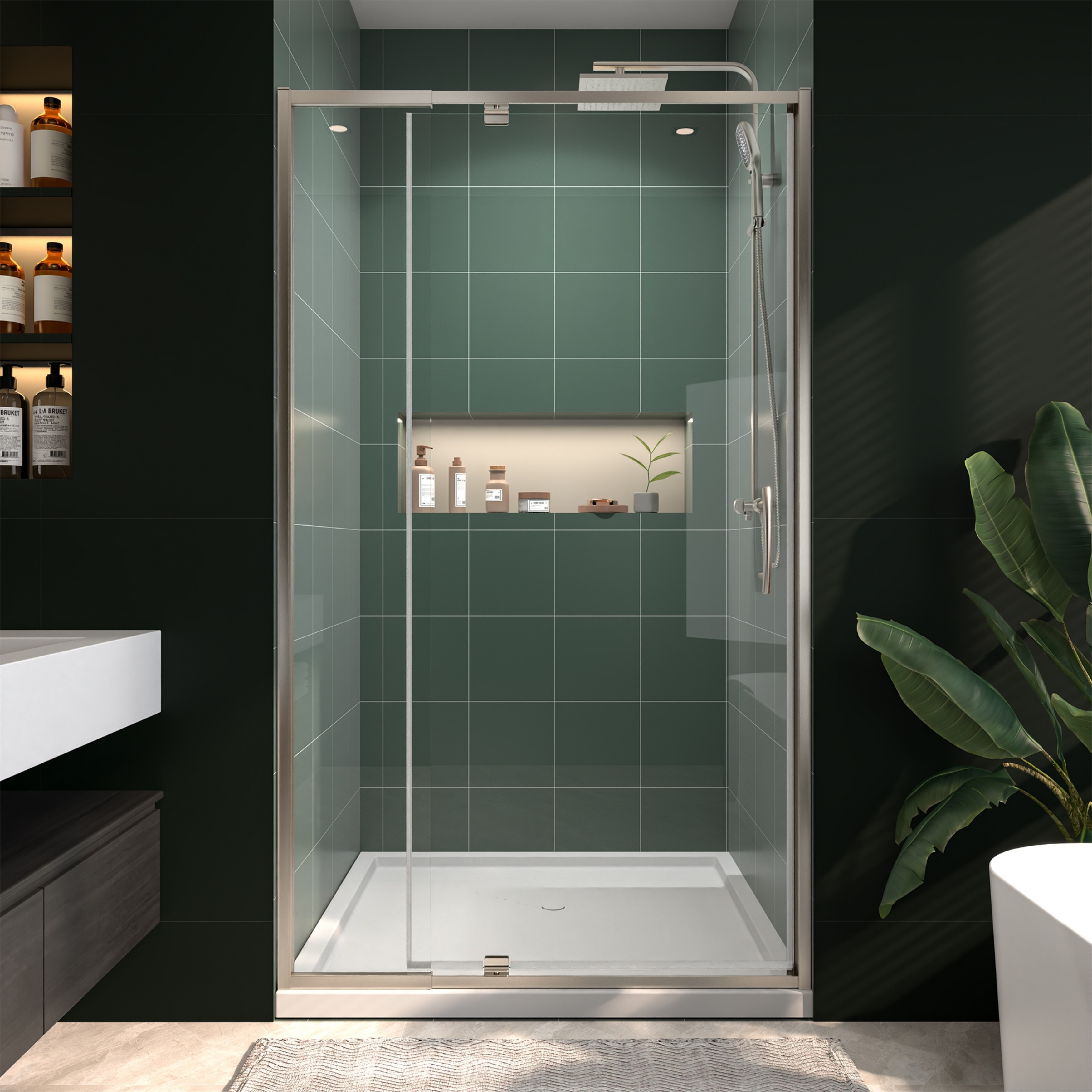 Modland 42"x71" Semi-Frameless Pivot Swing Shower Door with 1/4" Tempered Clear Glass Black/Nickel