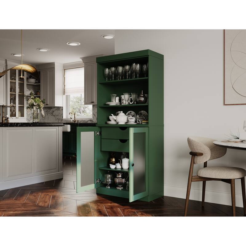 Palace Imports 100% Solid Wood Pantry Cabinet with Frosted Glass Doors, 2-Drawers and Adjustable Shelves - 32" x 71.5"