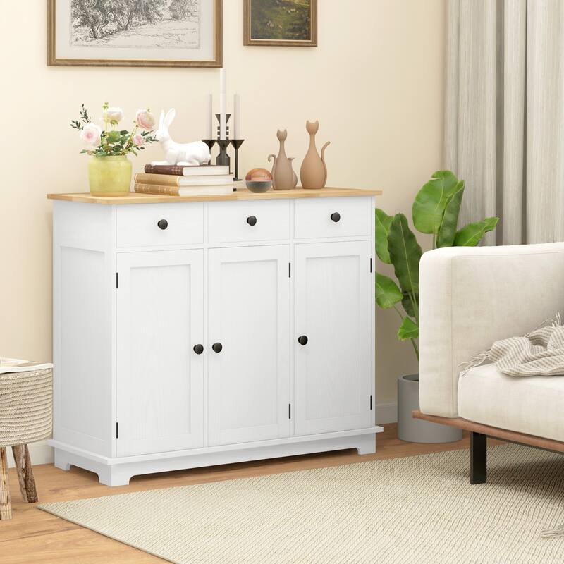 Modern Storage Cabinet with Solid Wood Countertop, 3 Drawers and Adjustable Shelf