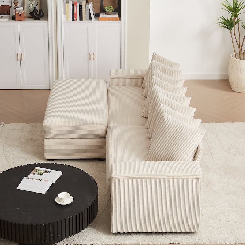 L-shaped Sectional Sofa with Chaise Corduroy Upholstered Couch with Reversible Ottoman, 2 Storage Armrests and 8 Pillows