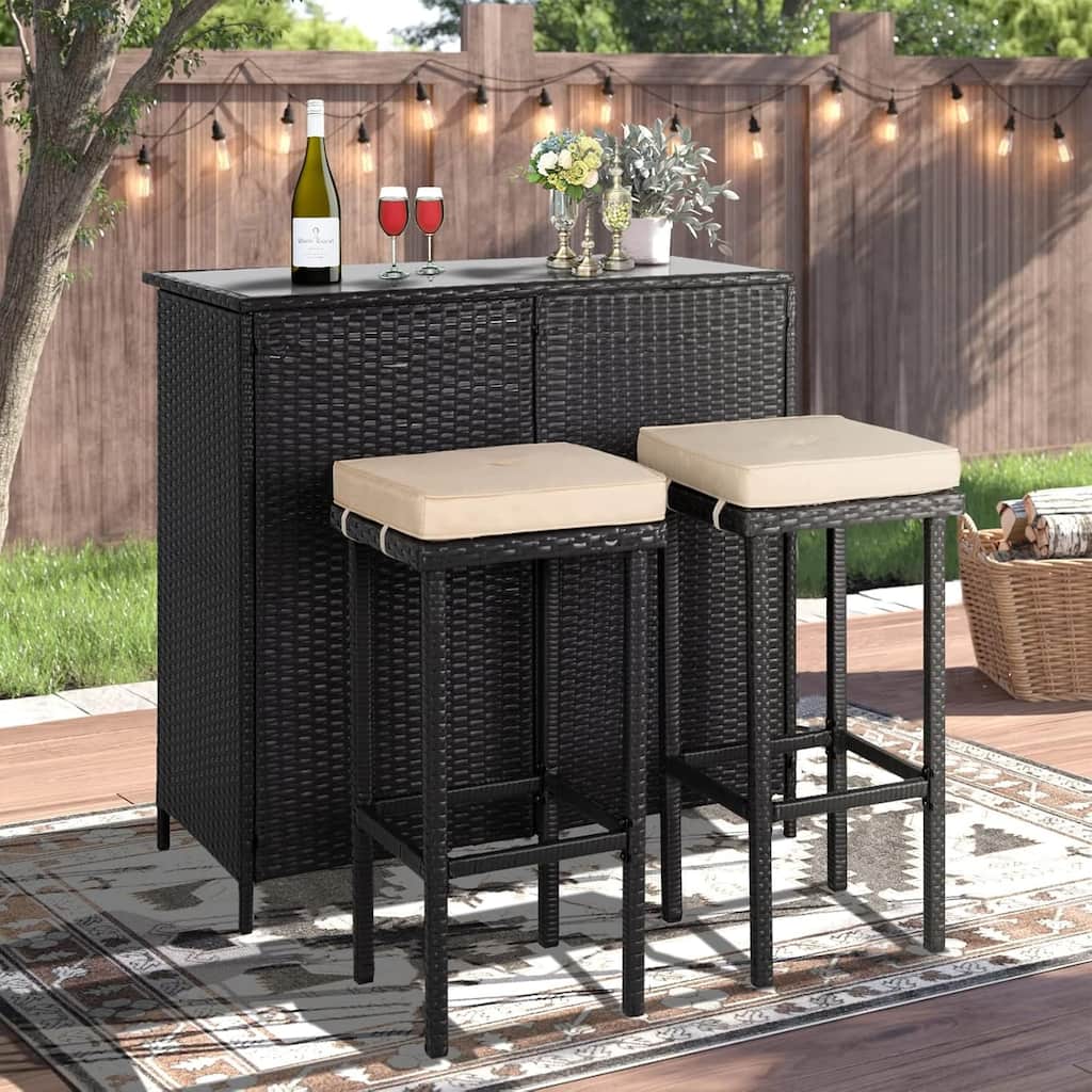 3-Piece Wicker Patio Outdoor Bar Set, 2 Bar Stools and 1 Glass Top Table with Storage Shelves