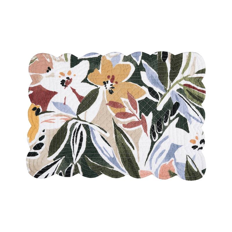 Joelle Floral Flowers Palm Leaf Vibrant Scalloped Placemats Set of 6, 13" x 19"